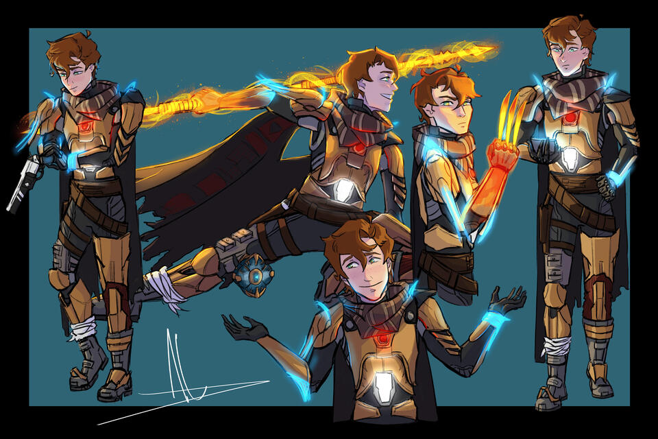 A digital illustration of the Destiny character Shiro-4 against a dark teal background. He's in a low lunge, with one knee bent and one hand touching the floor. The other hand is raised across his chest holding an Arc Blade. His cloak is billowing behind h