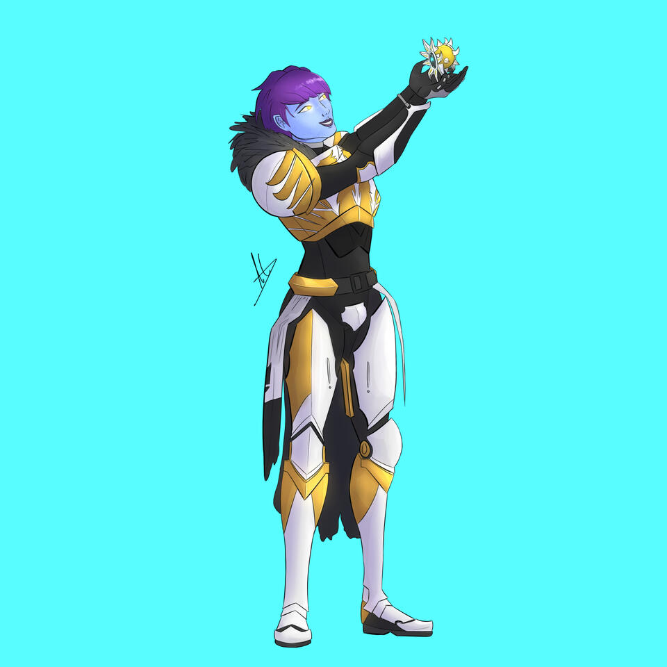 Bright turquoise background with a full-body digital illustration of someone's Destiny 2 Titan as she holds up her Ghost with a smile. She is wearing white and gold armor.