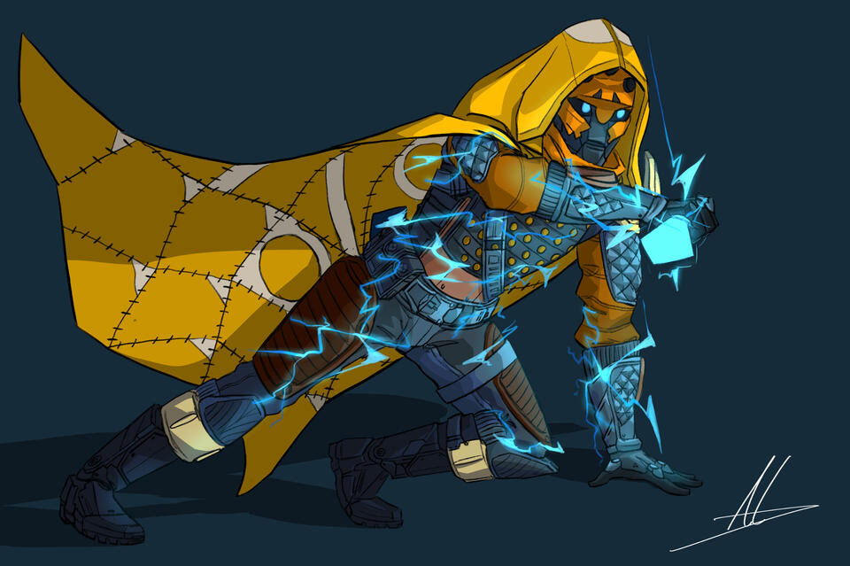 A digital illustration of the Destiny character Shiro-4 against a dark teal background. He's in a low lunge, with one knee bent and one hand touching the floor. The other hand is raised across his chest holding an Arc Blade. His cloak is billowing behind h