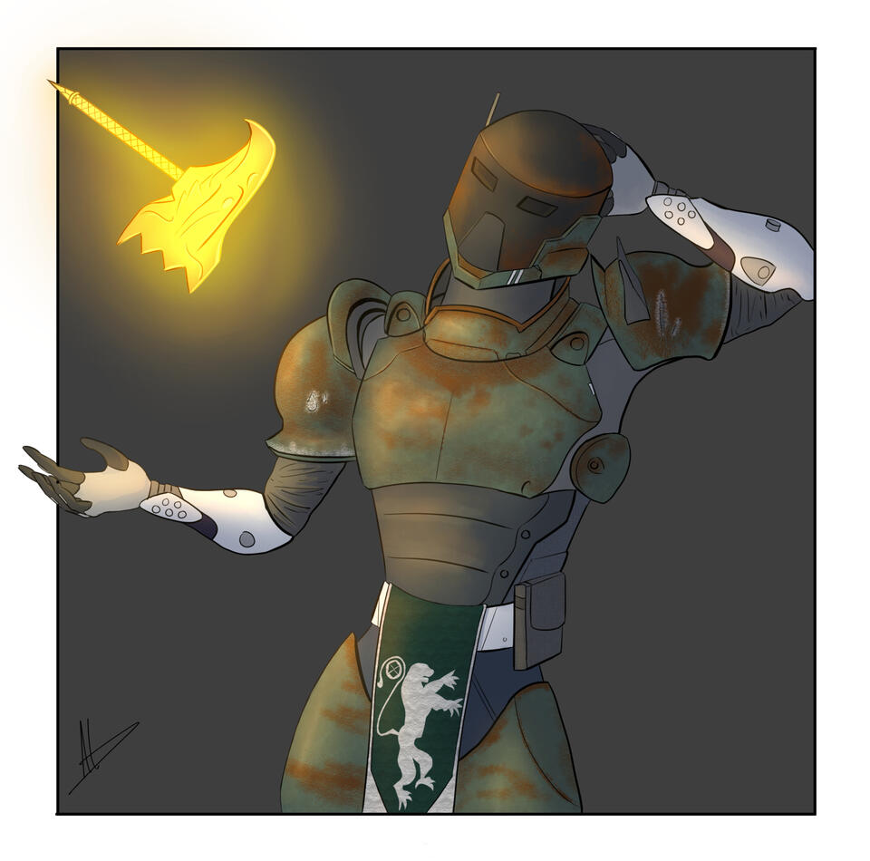 Digital illustration of someone's Destiny 2 Titan on a dark grey background with a white border. He is wearing greyish-green armor with rust patches and has one hand resting casually on the back of his hand while the other tosses a flaming hammer in the ai