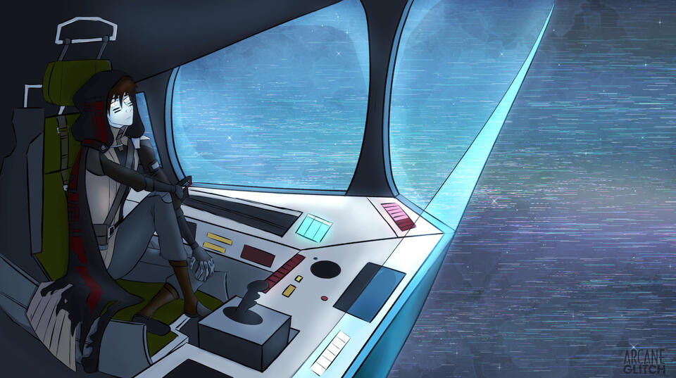 Digital illustration of someone's Destiny 2 Warlock sitting in the cockpit of his ship as it flies through space. One of his knees is propped up as he rests his arm on it. He's staring through the ship's viewscreen with a melancholic expression.