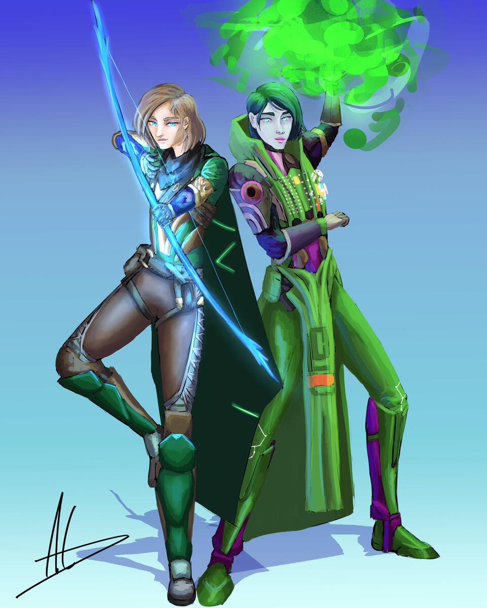Digital illustration of someone's Destiny 2 Guardians on a gradient background that fades from blue to white. On the left is a female Hunter with dirty blonde hair, blue eyes, and dark green armor with gold accents. One of her legs is bent, her foot resti
