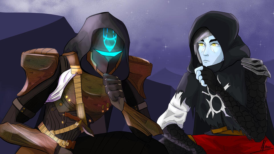 A digital illustration of a Destiny 2 Guardian next to Crow from Destiny 2 in the Reef. The Guardian is a Hunter with bronze armor, a helmet with a glowing blue visor, and a grey cloak. He's sitting down, with one arm resting on his thigh while his other h