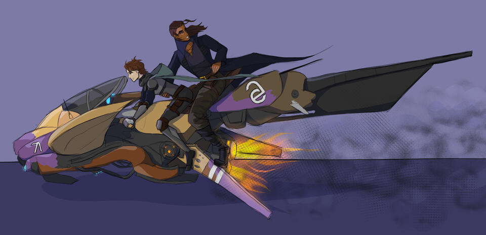 A digital illustration of two original Destiny characters riding a Fallen Pike against a flat two-toned purple background. One is wearing Guardian armor and steering the Pike, facing forward. The second is wearing cargo pants, a purple shirt, and dark blu