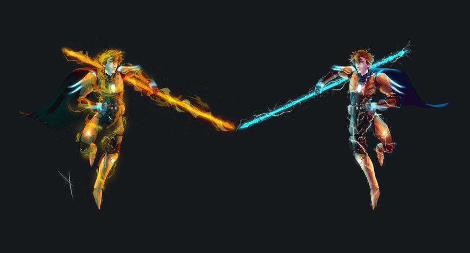A digital illustration of an original Guardian from Destiny 2. He's a Hunter with auburn hair, green eyes, and bronze armor. On the right, he has a dark blue cloak and is covered in lighting, wielding an Arc Staff. On the left, he has Cayde's cloak is cove