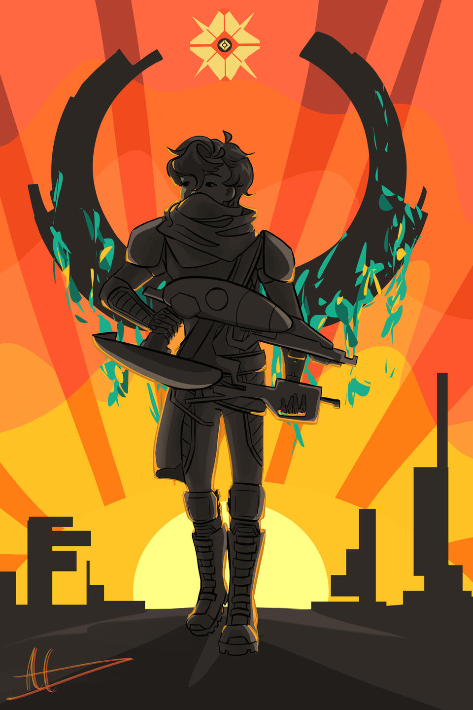 A digital illustration of the Destiny character Shiro-4 against a dark teal background. He's in a low lunge, with one knee bent and one hand touching the floor. The other hand is raised across his chest holding an Arc Blade. His cloak is billowing behind h