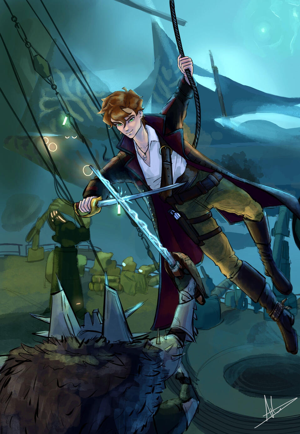 A digital illustration of the Destiny character Shiro-4 against a dark teal background. He's in a low lunge, with one knee bent and one hand touching the floor. The other hand is raised across his chest holding an Arc Blade. His cloak is billowing behind h