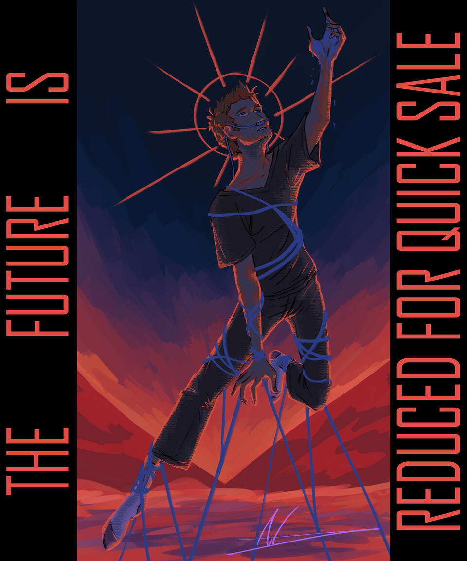 A digital illustration of the Destiny character Shiro-4 against a dark teal background. He's in a low lunge, with one knee bent and one hand touching the floor. The other hand is raised across his chest holding an Arc Blade. His cloak is billowing behind h